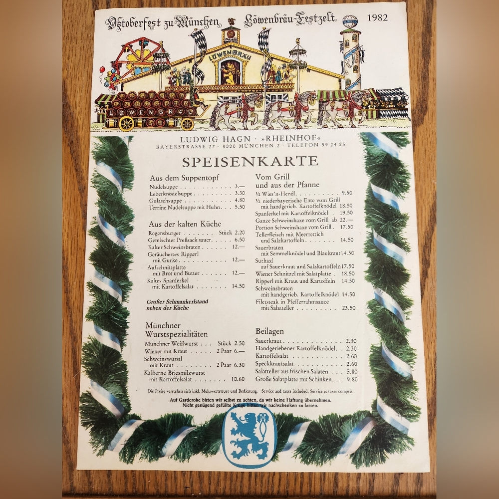 VINTAGE OKTOBERFEST MUNICH GERMANY LOWENBRAU TENT SPEISENKARTE MENU 1982